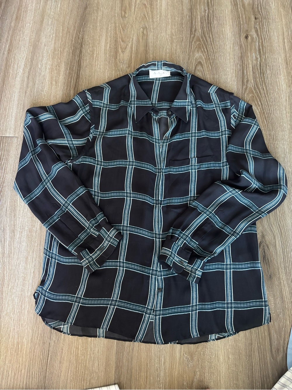 A.L.C. Navy Silk Button-Up Shirt with Teal Windowpane Plaid